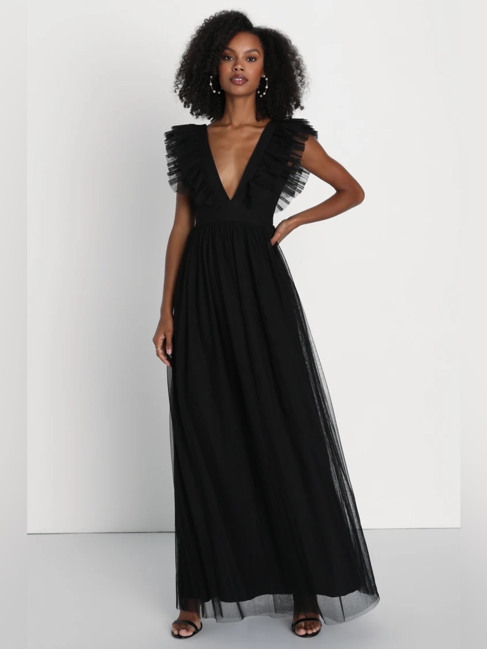 Lulus Simply Delighted Black Mesh Ruffled Backless Maxi Dress Size S NWT